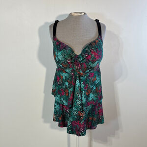 Sea Swimwear Tankini Top Women’s 40DDD Green Pink Ruffle Tropical Abstract
